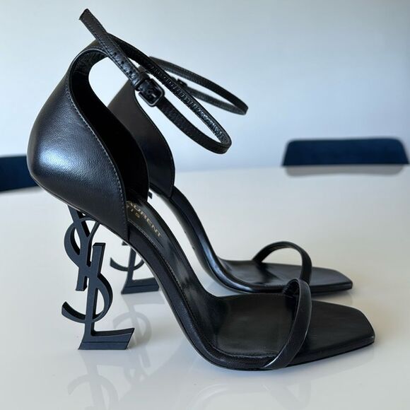 YSL Saint Laurent Opyum Black Leather Matte Logo Open Toe Heels EU 37.5 US 7.5 - Picture 1 of 10